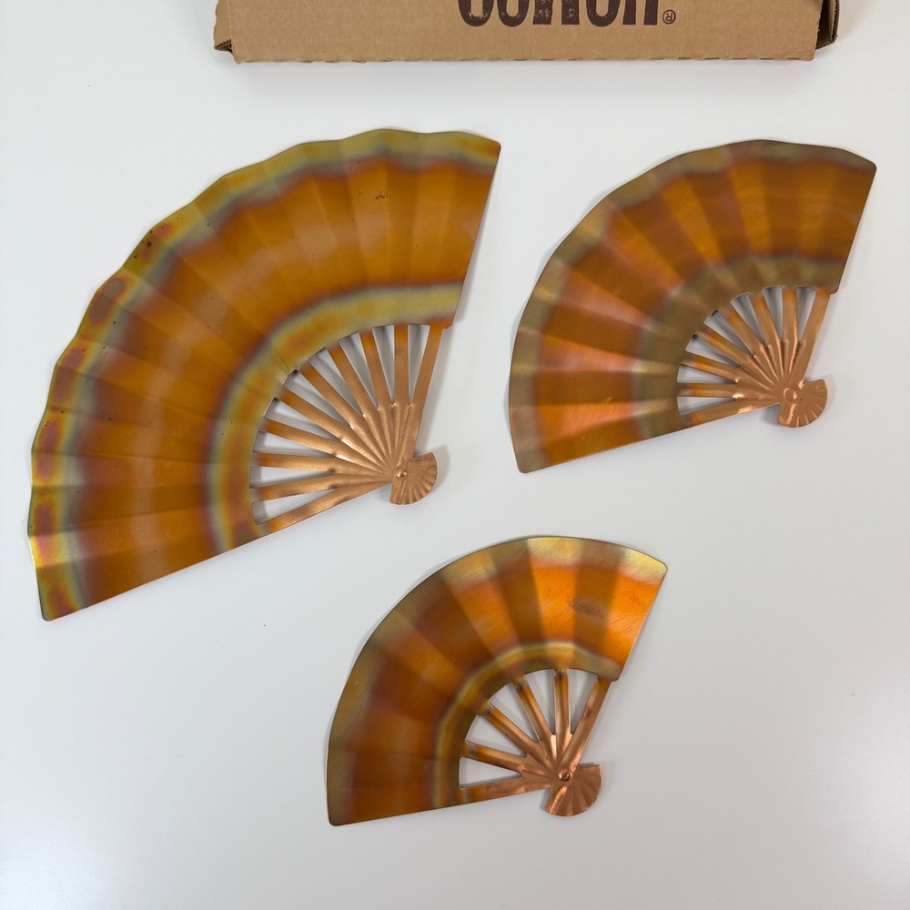 Vintage Homco Solid Copper Ming Fan Wall Plaque Set of 3 Mid Century Asian Decor